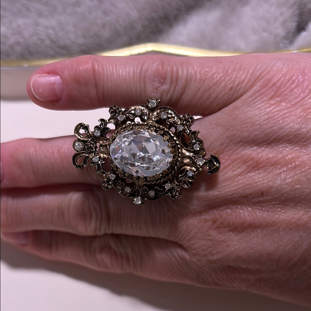 Burnished Gold W/ Large Oval Rhinestone Baroque   Statement Ring. 2 Inch